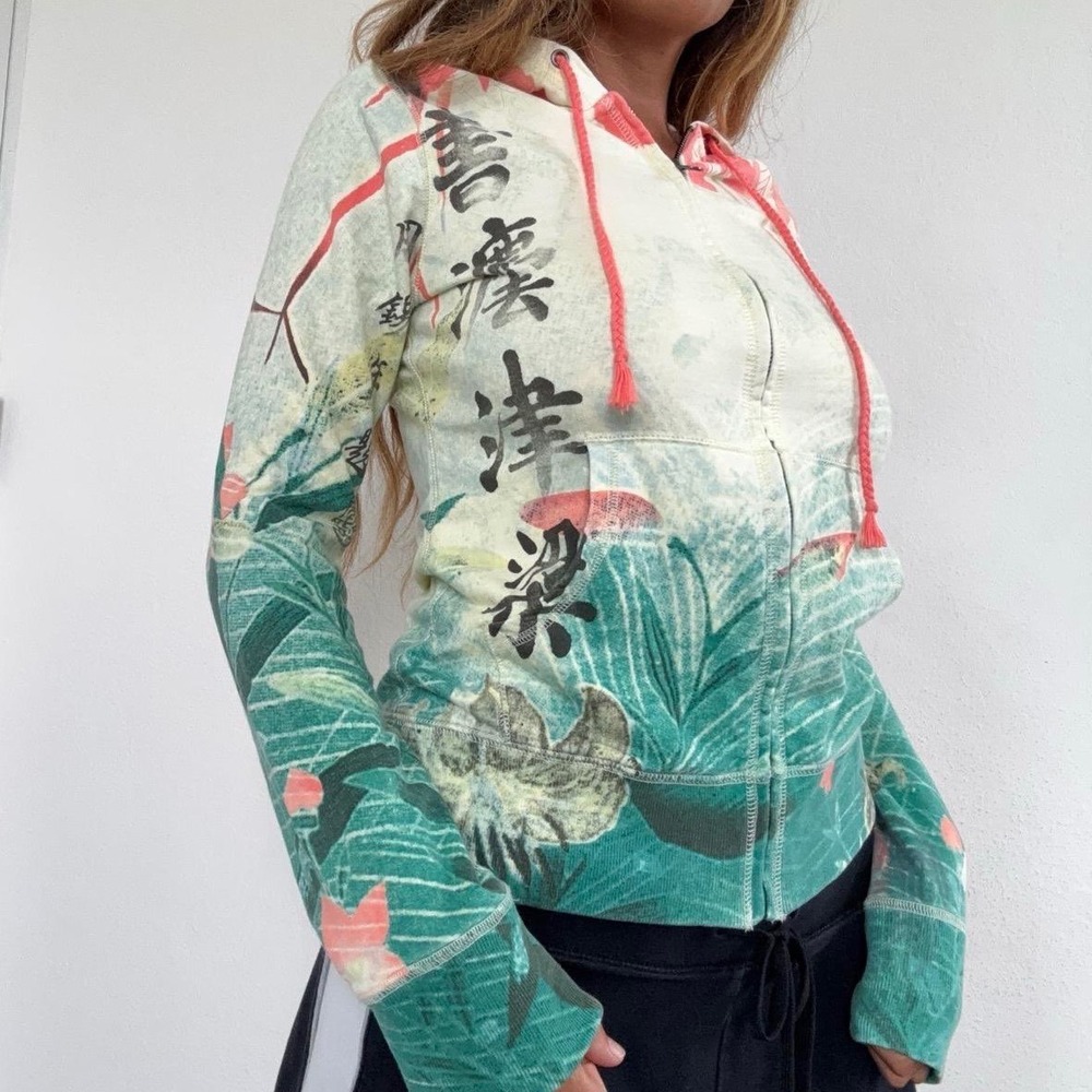Lucky Brand Vintage Y2K Japanese Crane Calligraphy Zip Up Hoodie Jacket Medium